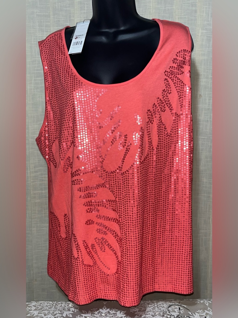 Dana Buchman Coral Sequin Leaf Tank Top Plus Size 2X NWT